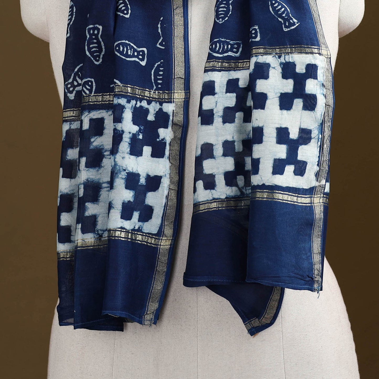 Blue - Pipad Hand Block Print Natural Dyed Chanderi Silk Handloom Stole 18