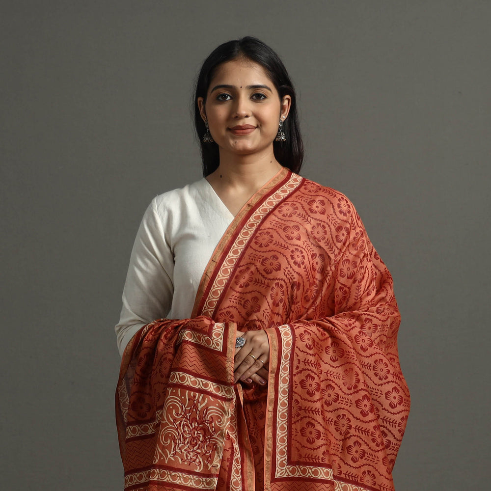 Orange - Block Printed Chanderi Silk Bagru Dupatta 66