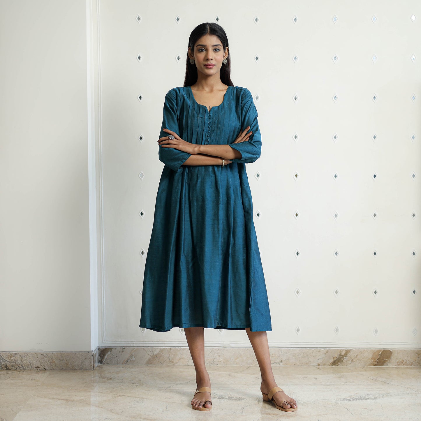 Rasika Dark Green Slub Silk Plain Dress