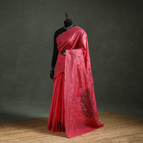 Red - Bengal Nakshi Kantha Hand Embroidered Silk Saree 52