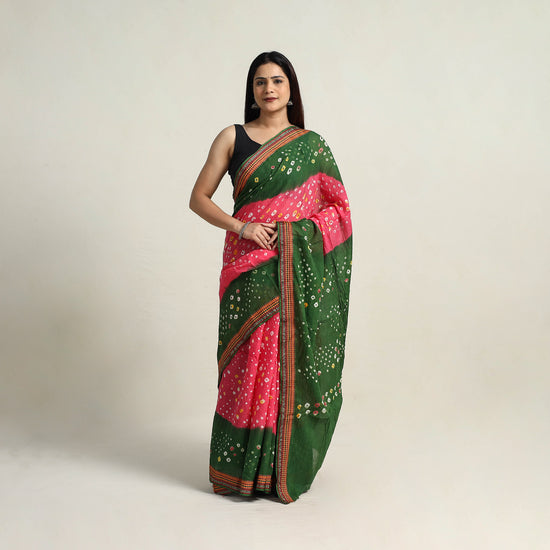 Pink - Kutch Tie-Dye Cotton Bandhani Saree with Blouse Piece 22