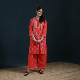 Red - Hand Embroidered Mul Chanderi Chikankari Kurta with Palazzo Set for Women 20
