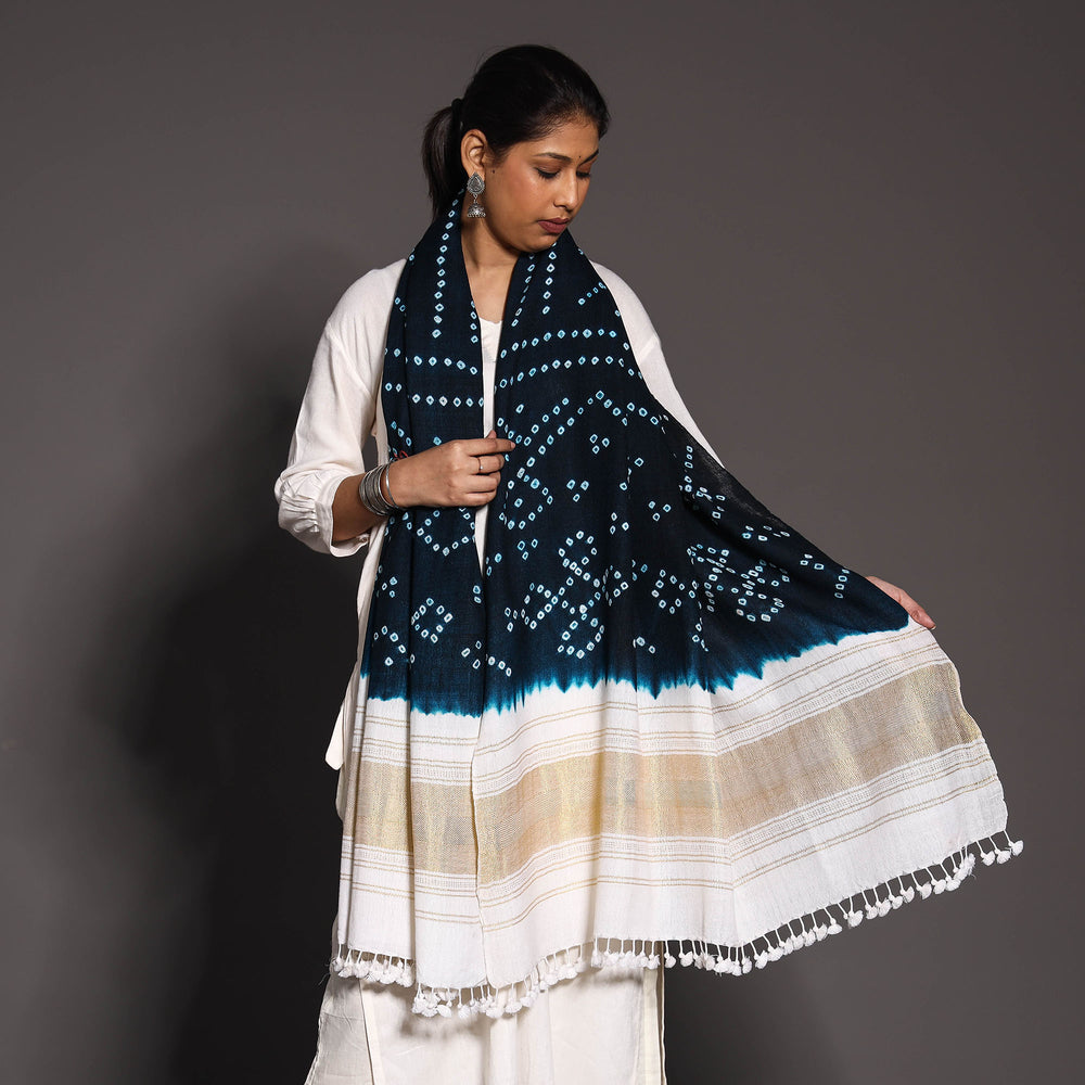 Blue - Kutch Handwoven Bandhani Tie-Dye Pure Woolen Shawl