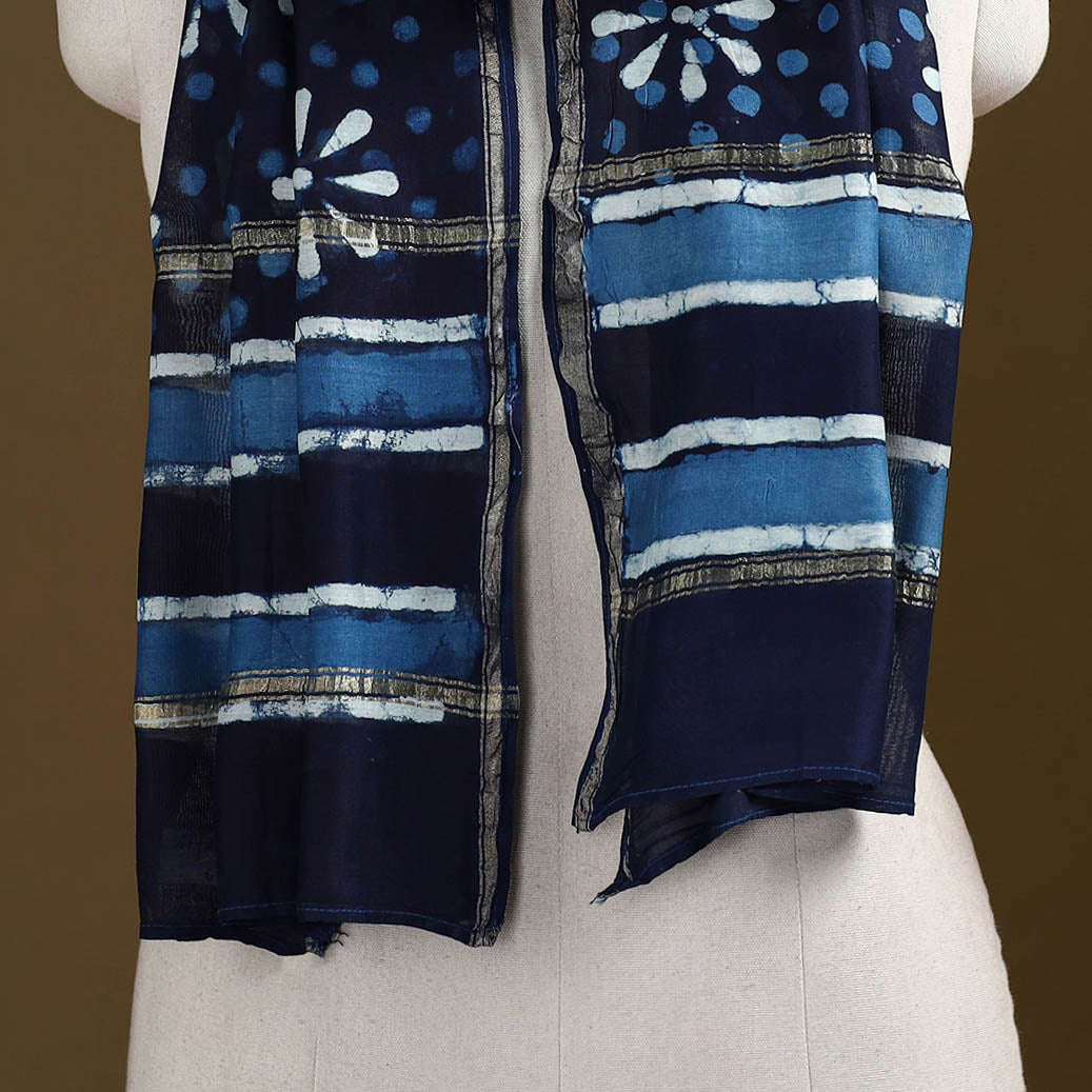 Blue - Pipad Hand Block Print Natural Dyed Chanderi Silk Handloom Stole 19