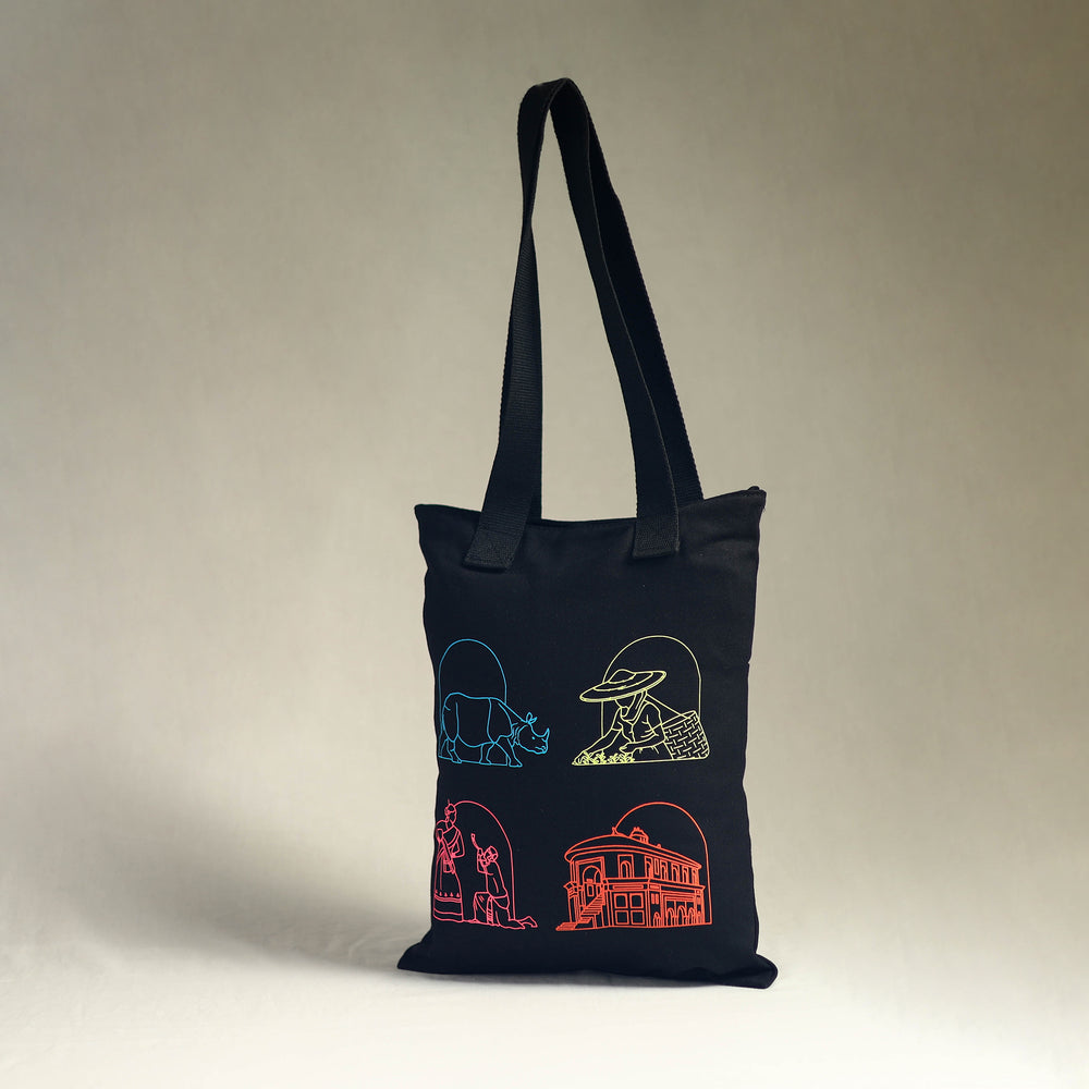 Black - Assam's Iconic Symbols Cotton Canvas Tote Bag