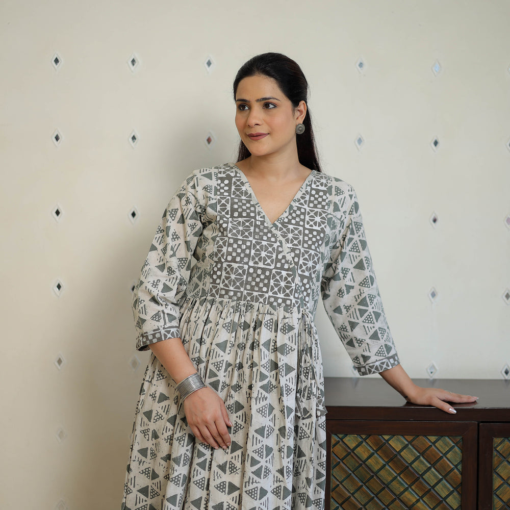 Grey - Pure Cotton Angrakha Batik Print Dress 04