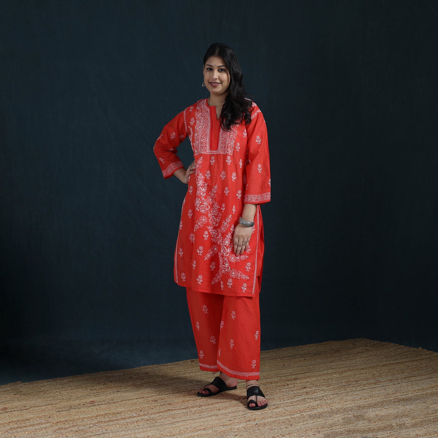 Red - Hand Embroidered Mul Chanderi Chikankari Kurta with Palazzo Set for Women 20