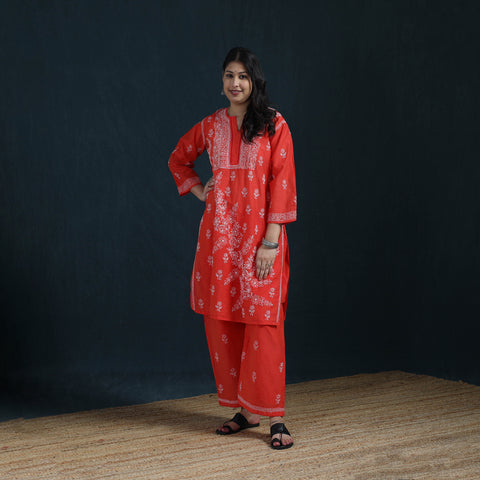 Red - Hand Embroidered Mul Chanderi Chikankari Kurta with Palazzo Set for Women 20