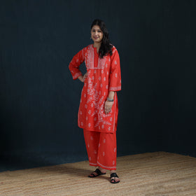 Red - Hand Embroidered Mul Chanderi Chikankari Kurta with Palazzo Set for Women 20