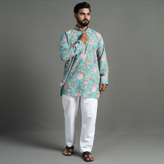 Sanganeri Block Printed Cotton Men Short Kurta 01