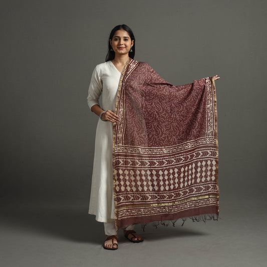 Brown - Block Printed Chanderi Silk Bagru Dupatta 67