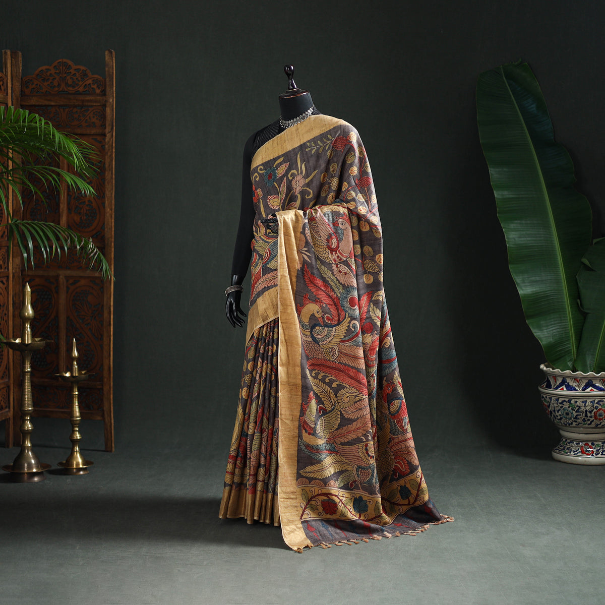 Pure Handloom Desi Tussar Silk Handpainted Srikalahasti Pen Kalamkari Saree with Zari Border 07