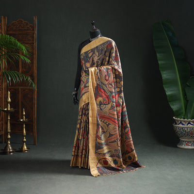Pure Handloom Desi Tussar Silk Handpainted Srikalahasti Pen Kalamkari Saree with Zari Border 07