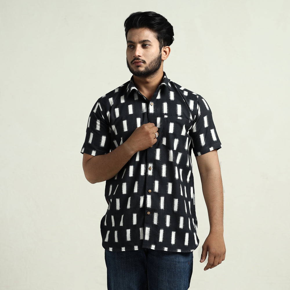 Black - Pochampally Double Ikat Handloom Cotton Men Half Sleeve Shirt 46