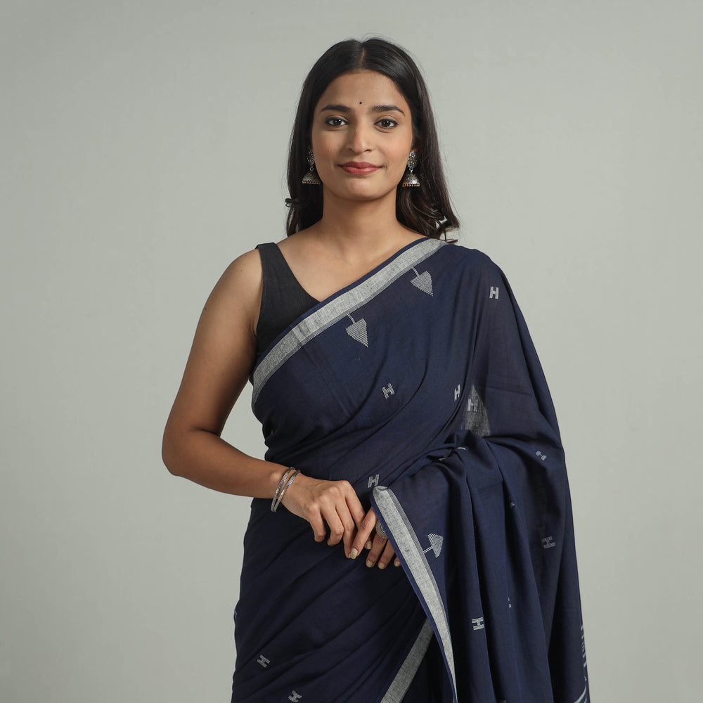 Blue - Handloom Cotton Phulia Jamdani Saree with Tassels 08