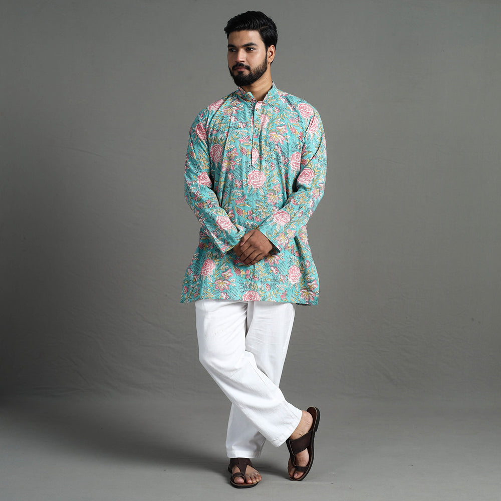 Sanganeri Block Printed Cotton Men Short Kurta 01