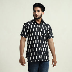 Black - Pochampally Double Ikat Handloom Cotton Men Half Sleeve Shirt 46