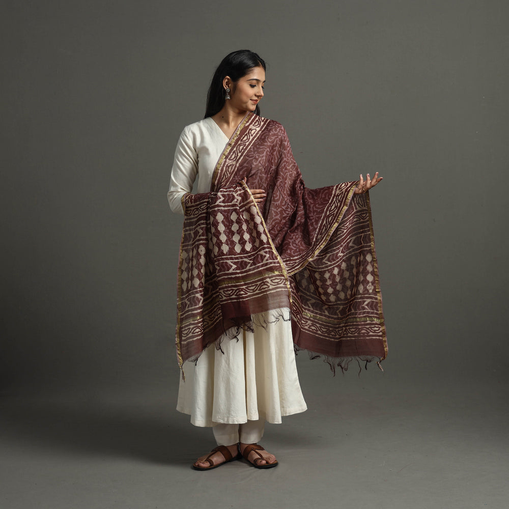 Brown - Block Printed Chanderi Silk Bagru Dupatta 67