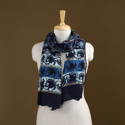 Blue - Pipad Hand Block Print Natural Dyed Chanderi Silk Handloom Stole 20