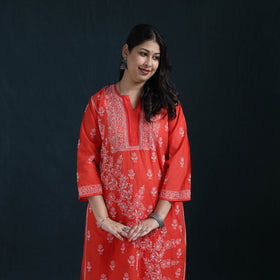 Red - Hand Embroidered Mul Chanderi Chikankari Kurta with Palazzo Set for Women 20