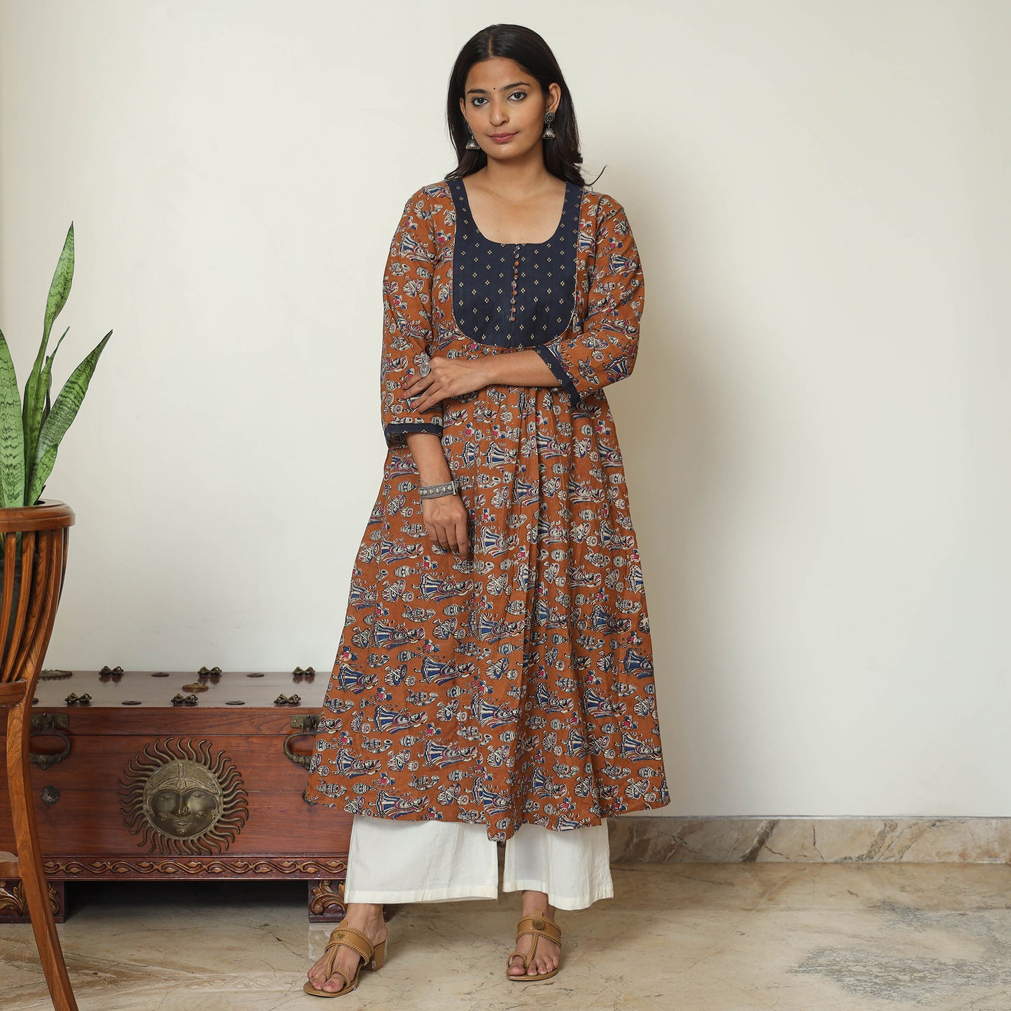 Brown - Kalamkari Printed Cotton A-Line Long Kurta with Patchwork 67