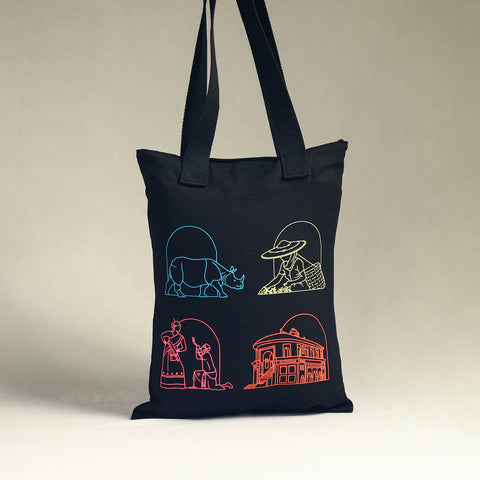 Black - Assam's Iconic Symbols Cotton Canvas Tote Bag