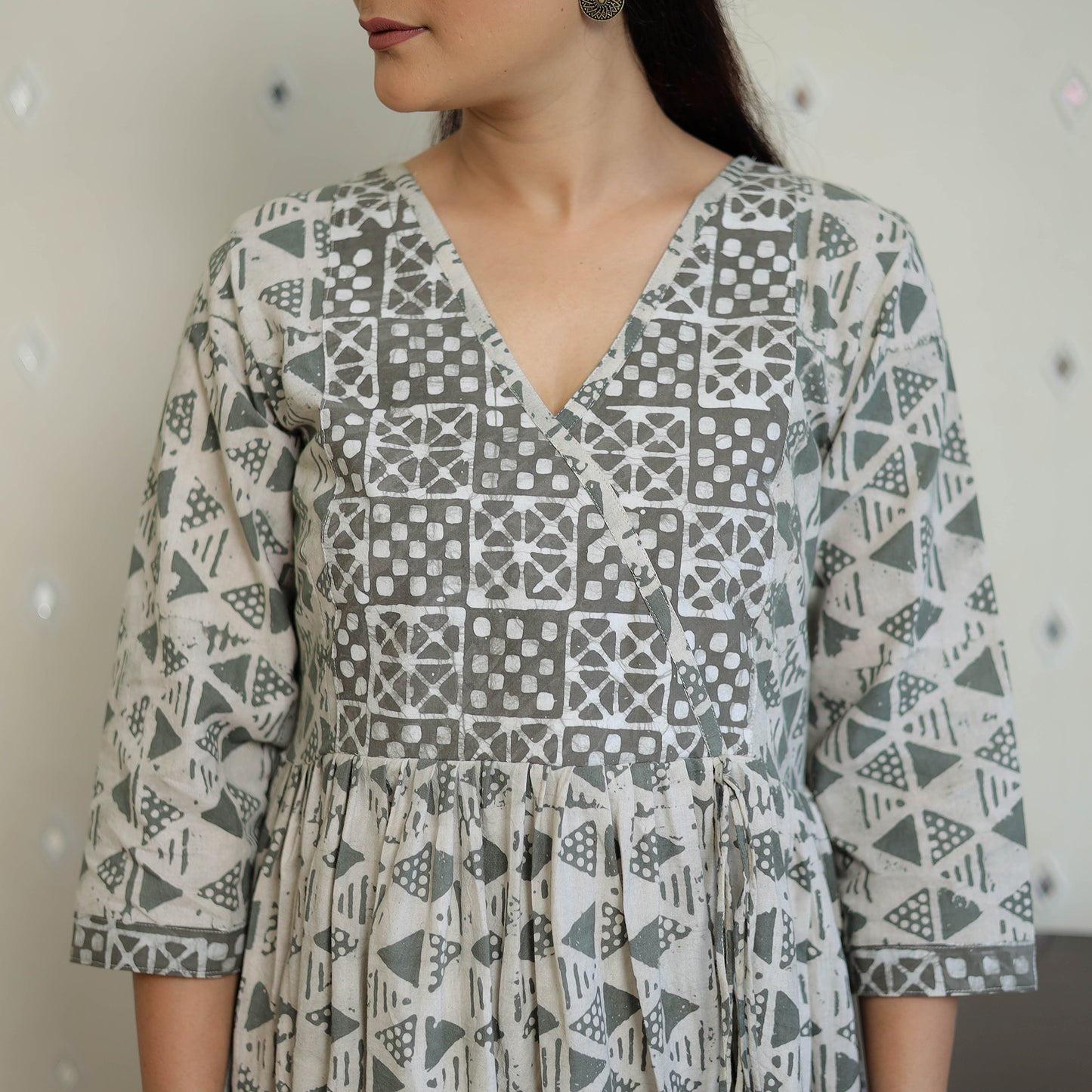 Grey - Pure Cotton Angrakha Batik Print Dress 04