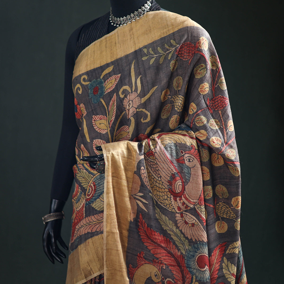 Pure Handloom Desi Tussar Silk Handpainted Srikalahasti Pen Kalamkari Saree with Zari Border 07