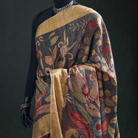 Pure Handloom Desi Tussar Silk Handpainted Srikalahasti Pen Kalamkari Saree with Zari Border 07