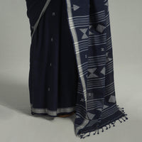 Blue - Handloom Cotton Phulia Jamdani Saree with Tassels 08