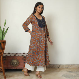 Brown - Kalamkari Printed Cotton A-Line Long Kurta with Patchwork 67
