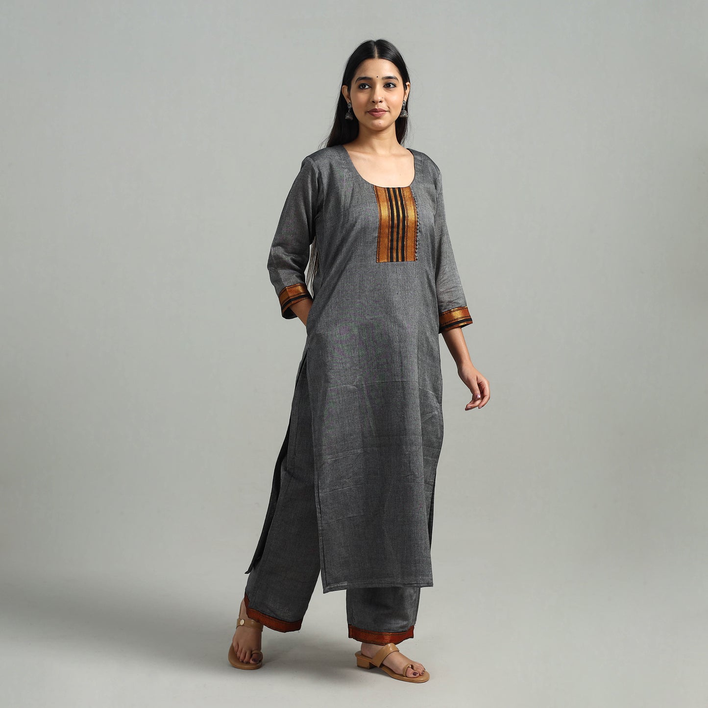 Grey - Cotton Dharwad Kurta Set with Palazzo & Dupatta 19