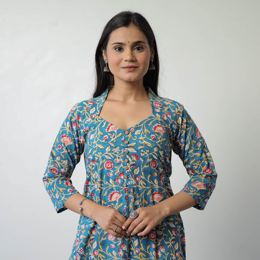 Blue - Sanganeri Block Printed Cotton Straight Kurta 11