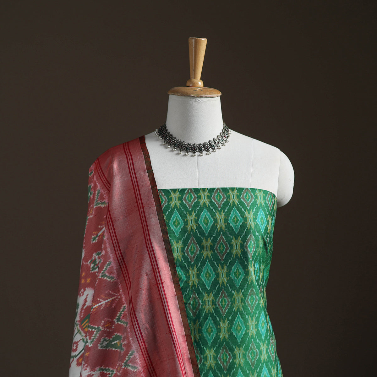Pochampally Ikat Handloom Sico Unstitched Dress Material: Kurta with Mulberry Silk Dupatta 32