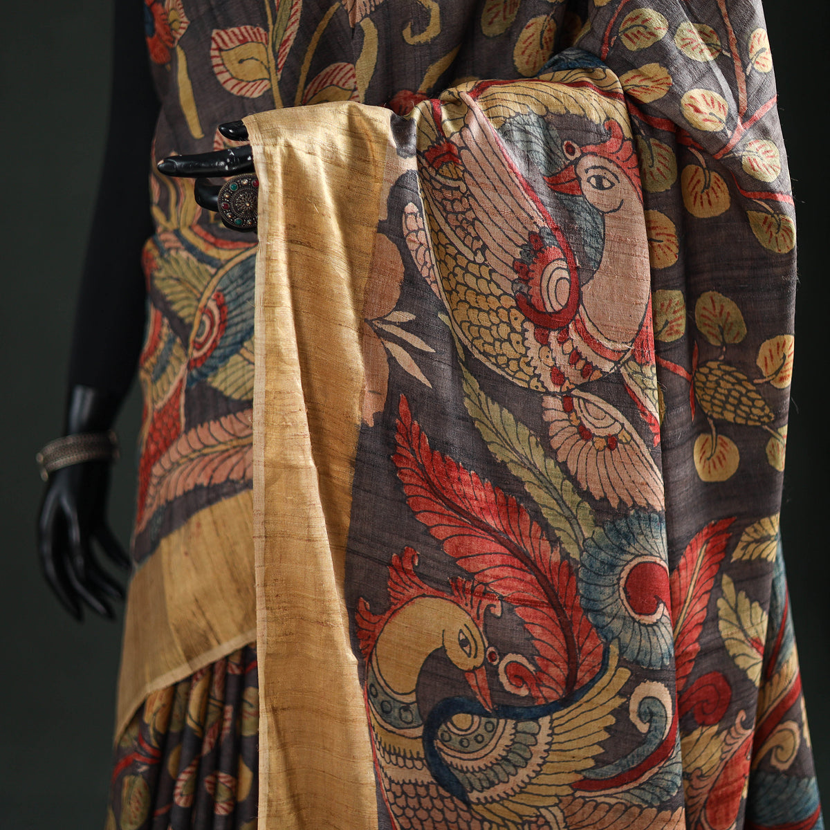 Pure Handloom Desi Tussar Silk Handpainted Srikalahasti Pen Kalamkari Saree with Zari Border 07