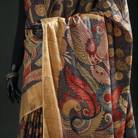Pure Handloom Desi Tussar Silk Handpainted Srikalahasti Pen Kalamkari Saree with Zari Border 07