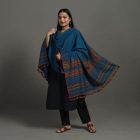 Blue Kutch Bhujodi Weaving Mirror Work Handloom Woolen Shawl