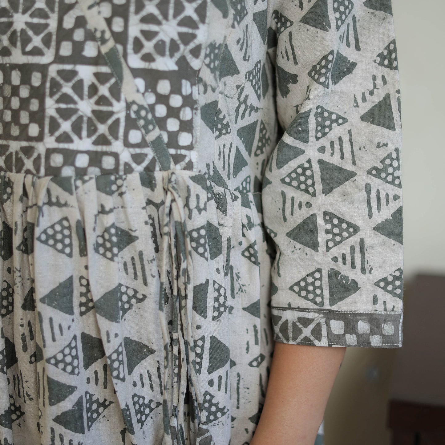 Grey - Pure Cotton Angrakha Batik Print Dress 04