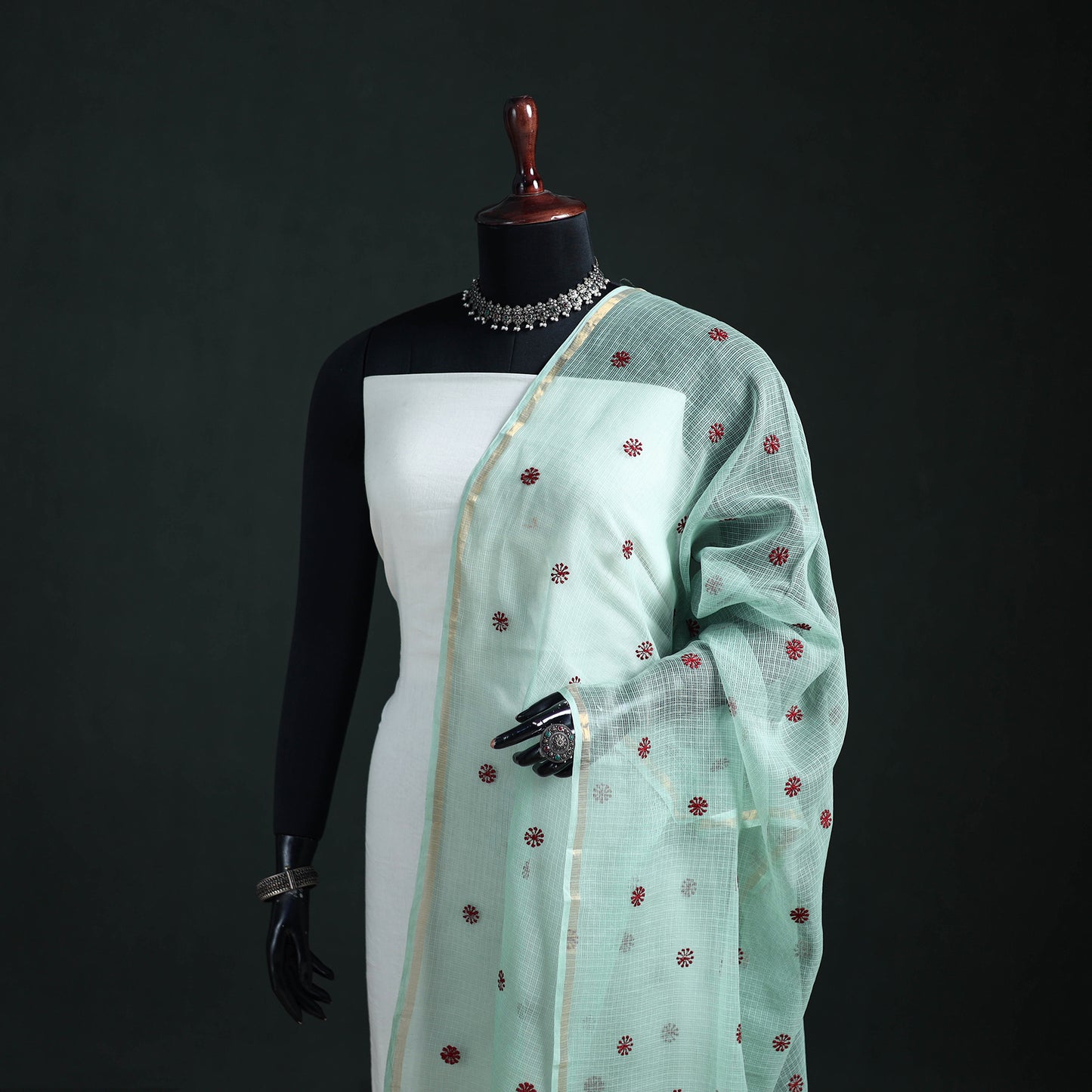 Kota Doria Cotton Embroidered Plain Dupatta 03