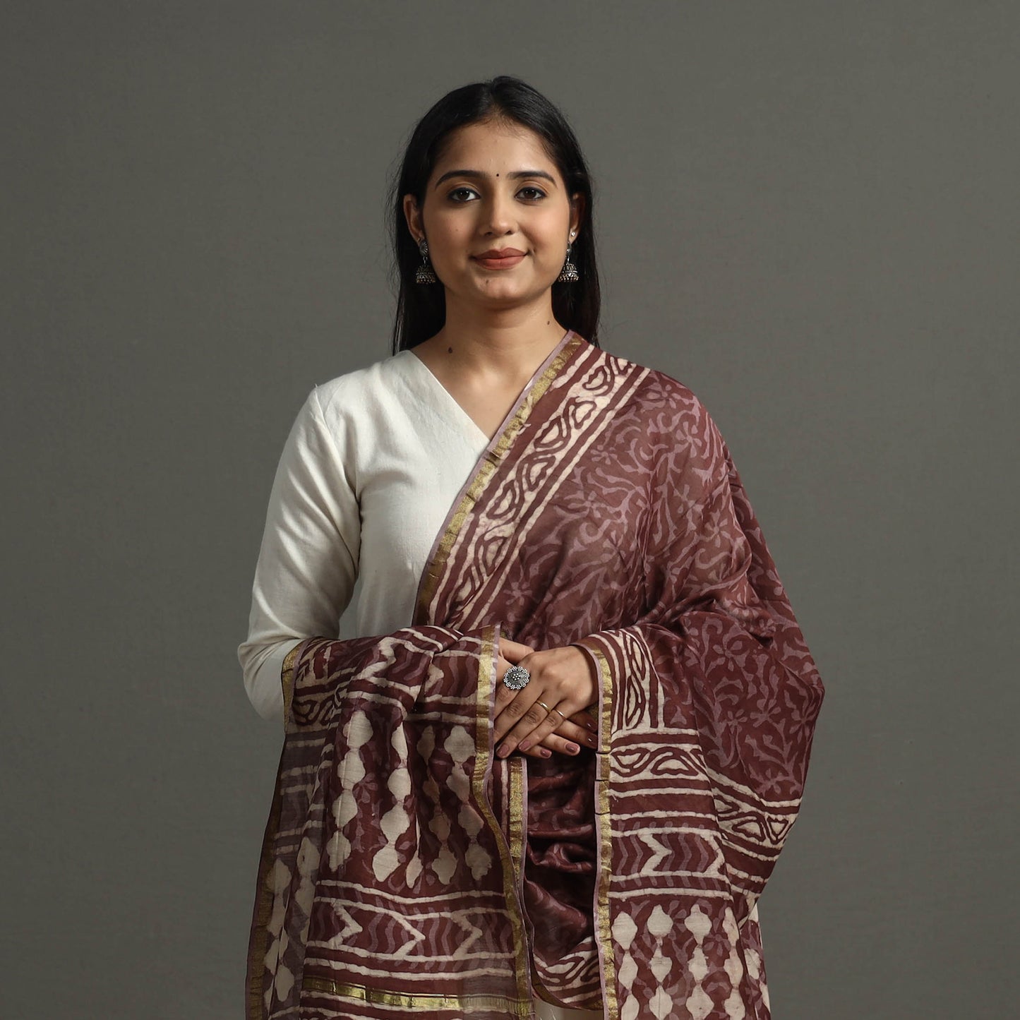 Brown - Block Printed Chanderi Silk Bagru Dupatta 67