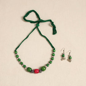 Green - german silver wooden beads necklace set 75