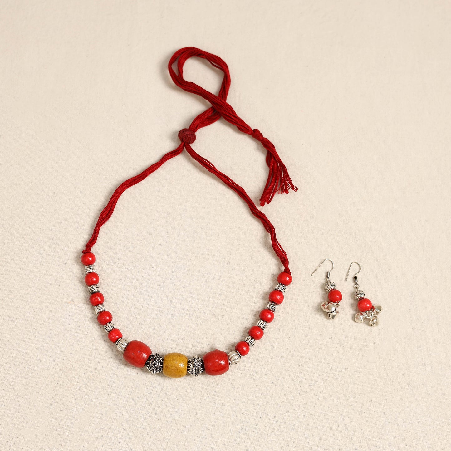 Red - german silver wooden beads necklace set 72