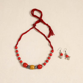 Red - german silver wooden beads necklace set 72