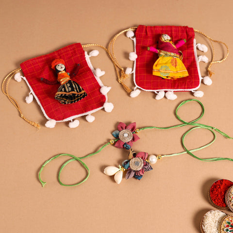 Buy Handmade Fabric Flower Jute Rakhi & Lumba Set 