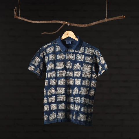 Blue - Bindaas Natural Dyed Art Block Print  Polo Collar T-shirt in Cotton