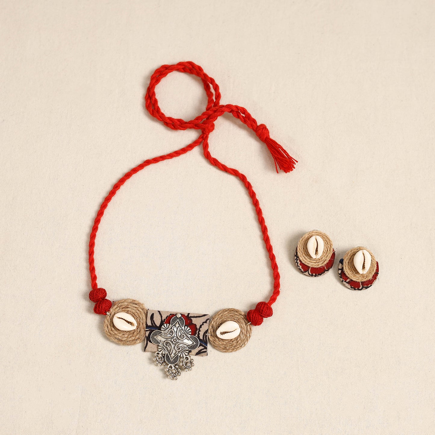 Red - german silver jute & fabart necklace set 69
