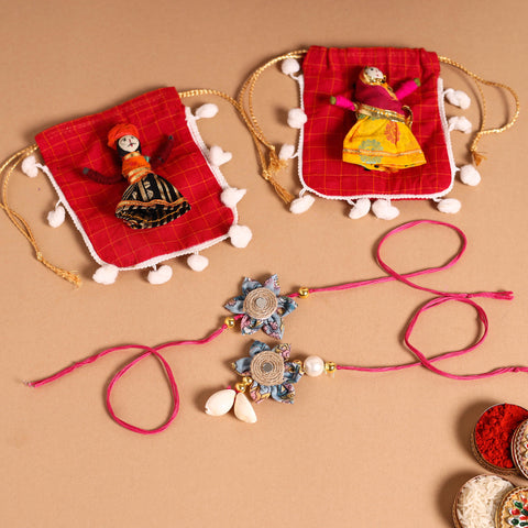 Buy Handmade Fabric Flower Jute Rakhi & Lumba Set 