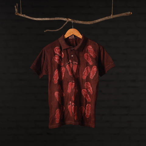 Maroon - Bindaas Natural Dyed Art Block Print Polo Collar T-shirt in Cotton