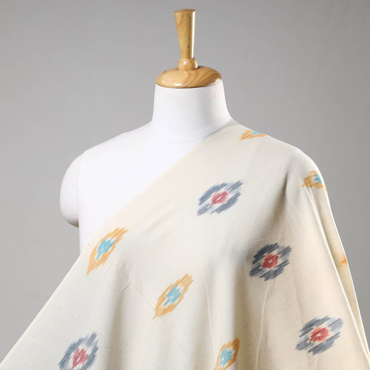 Beige - Multicolour Butta On Cream Pochampally Central Asian Ikat Cotton Handloom Fabric