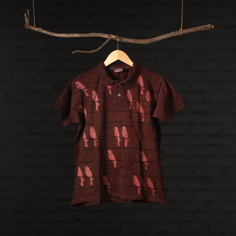 Maroon - Bindaas Natural Dyed Art Block Print Polo Collar T-shirt in Cotton